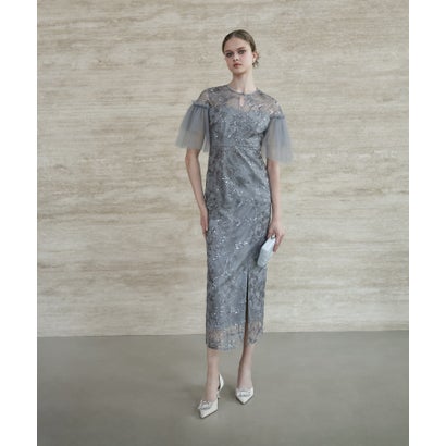 レジャ Leja フラワースパンコールチュールスリーブIラインドレスワンピース美脚効果結婚式 パーティードレス 成人式 二次会 同窓会 お呼ばれ オケージョン 20代 30代 40代 (GRAY)