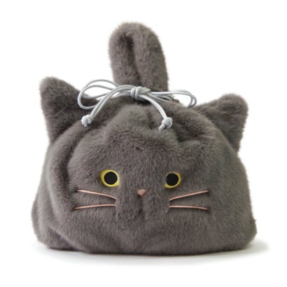 ウーヴン WOVEN もこもこネコ2WAY巾着バッグ fur-nekoface-bag-gy （GREY）