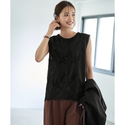 スタイルデリ STYLE DELI リーフ柄レースのノースリブラウス （ブラック）