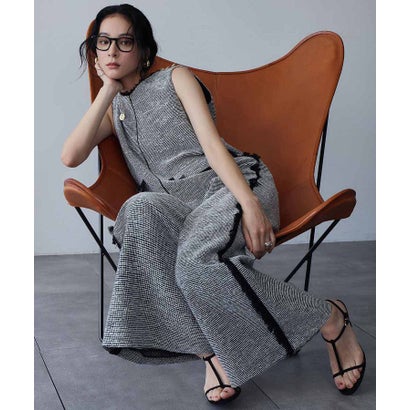 エルフランク ELFRANK ツイード モノトーン フリンジ Iライン オールインワンパンツ （オフホワイトブラック）