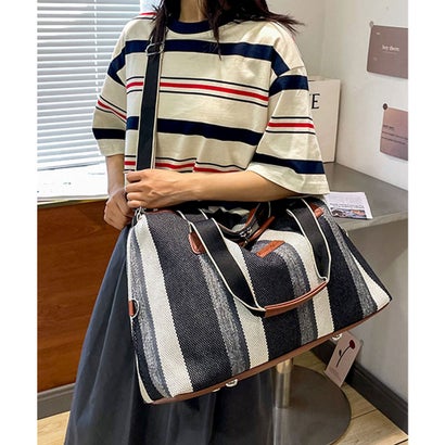 フロージュ florge 【大容量・2WAY】ランダムストライプレトロボストンバッグ/ショルダーバッグ/トラベルバッグ （ブラック）