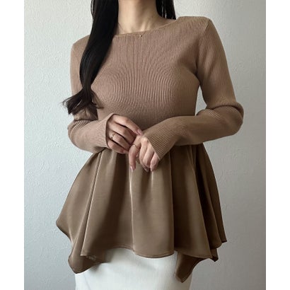 ジュノア JUNOAH 2wayランダムサテンペプラムコンビニットトップス （モカ）