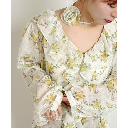 ビビッドレディ VIVIDLADY 花柄 シアーブラウス 長袖 チョーカー付 2WAY （イエロー）
