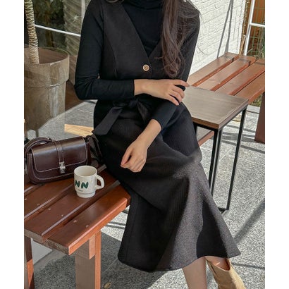 ビビッドレディ VIVIDLADY ハイネックtシャツ+ロングワンピース セット レディース アンサンブル かわいい 秋 冬 セットアップ ?ネックワンピース （ブラック）