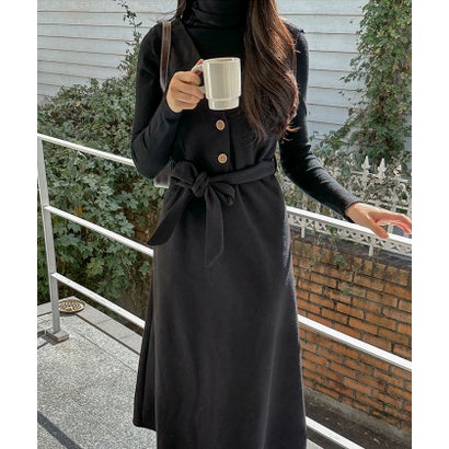 ビビッドレディ VIVIDLADY ハイネックtシャツ+ロングワンピース セット レディース アンサンブル かわいい 秋 冬 セットアップ ?ネックワンピース （ブラック）