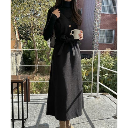 ビビッドレディ VIVIDLADY ハイネックtシャツ+ロングワンピース セット レディース アンサンブル かわいい 秋 冬 セットアップ ?ネックワンピース （ブラック）