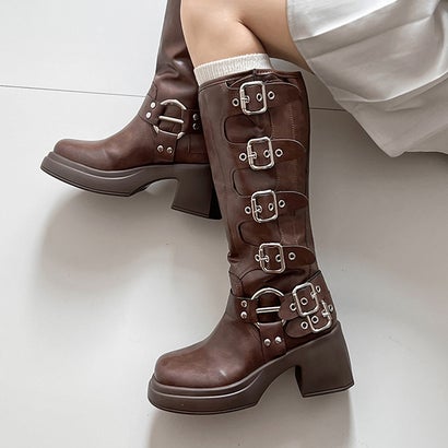 シューズインクローゼット Shoes in Closet -シュークロ- 厚底 装飾バックル付 バイカー ロングブーツ 928 （ダークブラウン/スムース）