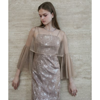 レジャ Leja シアーチュールベルスリーブペイントIラインワンピースドレス2点セット 美脚効果結婚式 パーティードレス 成人式 二次会 同窓会 お呼ばれ オケージョン 20代 30代 40代 （GRAY）