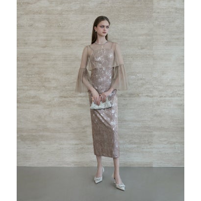 レジャ Leja シアーチュールベルスリーブペイントIラインワンピースドレス2点セット 美脚効果結婚式 パーティードレス 成人式 二次会 同窓会 お呼ばれ オケージョン 20代 30代 40代 （GRAY）