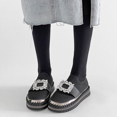 シューズインクローゼット Shoes in Closet -シュークロ- 超軽量 ビジューバックル ニットスリッポン 566 （ブラック）