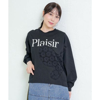 スカラー ScoLar 蝶々の綿レース付きプルオーバー （ブラック）