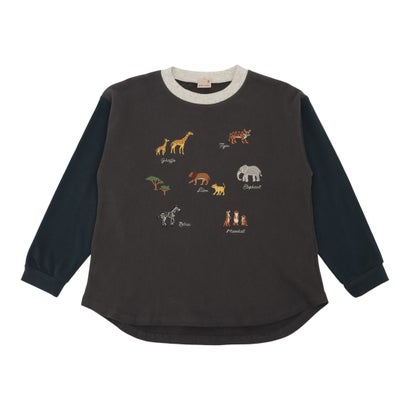 プティマイン petit main 動物刺繍長袖Tシャツ （チャコール）