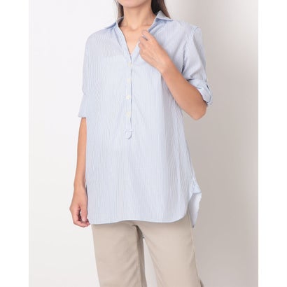 イタリコ ITALICO ストライプシャツ ロールアップスリーブ五分袖 大人 上品 （ブルー）
