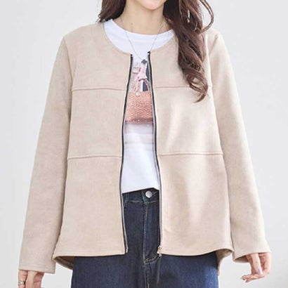 アイカ ica ノーカラー ジャケット アウター ブルゾン フェイクスエード スエード調 Aライン ミドル丈 前開き 長袖 ゆったり 大きいサイズ 体型カバー アウトドア カジュアル ナチュラル 羽