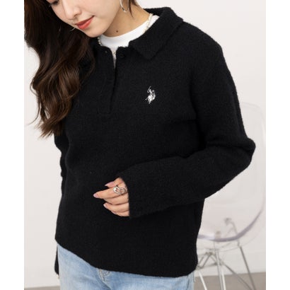 ユーエスポロアッスン U.S. POLO ASSN. ふわふわシャギーニットポロ ワンポイントロゴ刺繍 （ブラック）