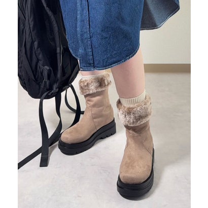 ラスドット lus. 【晴雨兼用】撥水・防水仕様 折り返しファーブーツ レディース ショートブーツ 厚底ソール （オークベージュ）