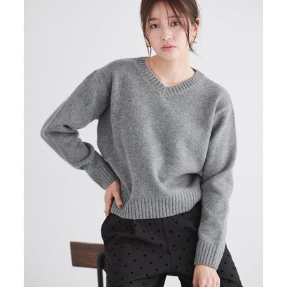 ネックが選べる無地ラメクロップド丈ニット【Vネック】 （無地/チャコール）