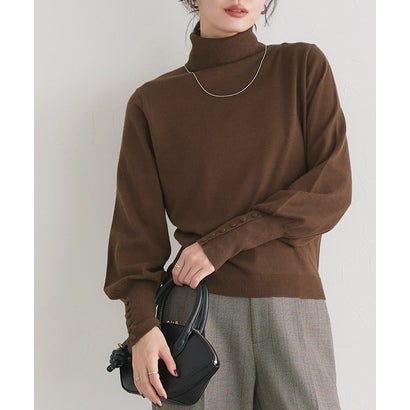 ネックが選べるクルミボタンボリューム袖ニット【タートルネック】 （ブラウン）