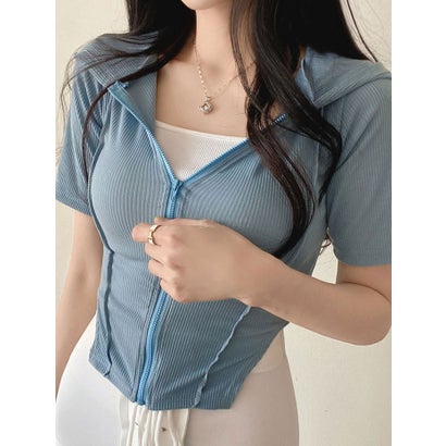 ビビッドレディ VIVIDLADY フード付き半袖ジップアップジャケット クロップド丈 サイドスリット入りアウター レディース 半袖 夏 アシンメトリー 韓国ファッション ショート丈 リブ 半袖 （(4)