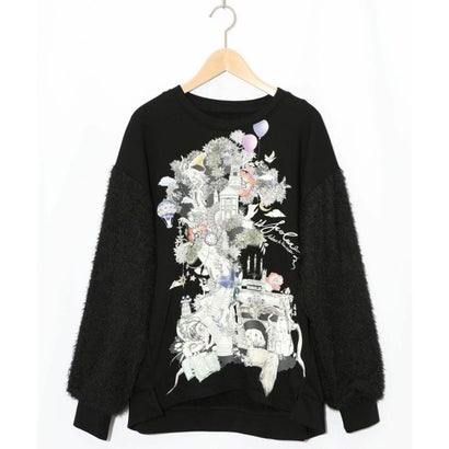 スカラー ScoLar フリンジシフォン切替裏毛プルオーバー （ブラック）