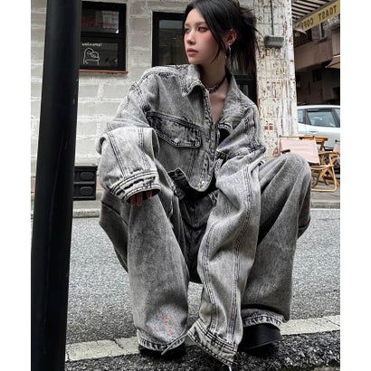 デバイス DEVICE ヴィンテージ ウォッシュ セットアップ デニムジャケット デニムパンツ （グレー）