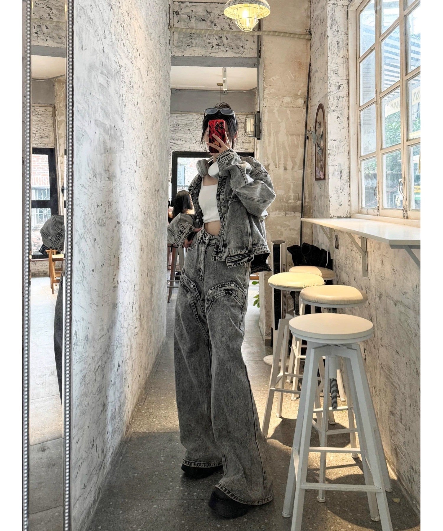 デバイス DEVICE ヴィンテージ ウォッシュ セットアップ デニムジャケット デニムパンツ （グレー）