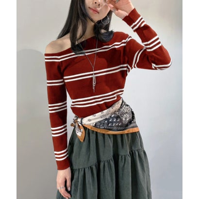 ジュエローブ Jewelobe アシンメトリーボーダータイトニットトップス （レッド）