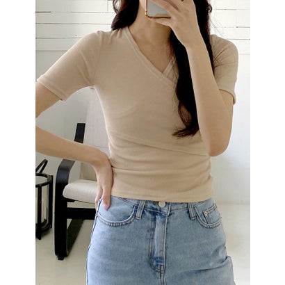 ビビッドレディ VIVIDLADY 女性らしくラブリーなVネックラップ半袖T （ベージュ）