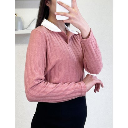 ビビッドレディ VIVIDLADY 配色襟付き長袖リブtシャツ ショート丈トップス （ピンク）