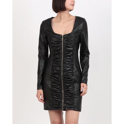 デニーローズ DENNY ROSE フロントギャザーポイントジップアップエコレザーワンピース （BLACK）