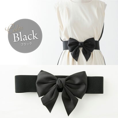 アウニイ auni リボン ベルト ゴム レディース ウエスト マーク モチーフ パーティー ドレス サッシュ お呼ばれ 結婚式 GOD158 （ブラック）