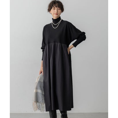 23区（大きいサイズ） 【洗える】ギャザーコンビ ニットワンピース （ブラック系）