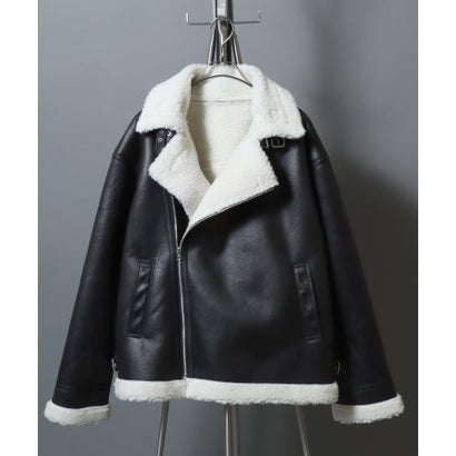 アンパス ANPAS shearling biker jacket/ フェイクムートン 裏ボア ダブルライダース ジャケット メンズ レディース アウター （ブラック系その他）