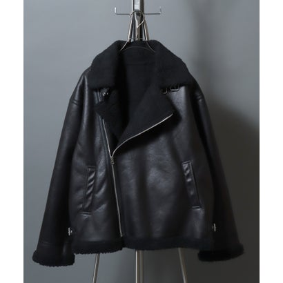 アンパス ANPAS shearling biker jacket/ フェイクムートン 裏ボア ダブルライダース ジャケット メンズ レディース アウター （ブラック）