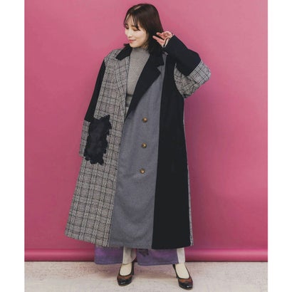 スカラー ScoLar バラ刺繍起毛チェック×蝶レース×フェイクウールコート （ブラック）