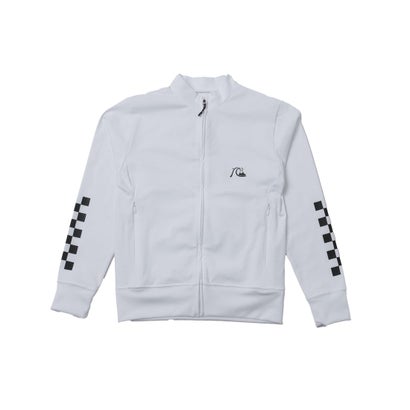 接触冷感速乾UPF50+ストレッチ■DESIGN・スタンドカラー仕様フルジップ長袖ラッシュガードのユースサイズ。・左胸とバック左脇部分にバブルロゴ、両袖にはQUIKSILVERを象徴するチェッカー柄をプリント。・シルエットは汎用性の高いレギュラーフィット。・HTRのみ袖のチェッカー柄がレインボーカラー。■STYLING・海でも街でも着用できるバリアスアイテム。■FABRIC・ポリエステルの捲縮糸によって、高いストレッチ性を保ちながら劣化に強くハリがあるのが特長のGLIDE WAVE生地。・接触冷感。・高い速乾性。・紫外線から肌を守る最高値UPF50+ GLIDE WAVE COOL バネ状の捲縮糸（けんしゅくし）を使用することで非常に高いストレッチ性を持ち、ポリエステル100%なので劣化に強く、綺麗なシルエットを作る張り感があり、特殊な加工を加えることで、吸水速乾と、更に接触冷感機能を持つ、あらゆるシーンで活躍するQUIKSILVERが誇るハイブリット素材。130cm : 【着丈】45.5cm / 【肩幅】33.5cm / 【胸囲】73cm / 【袖丈】46cm別カラーはこちら！ グレー　ブラック