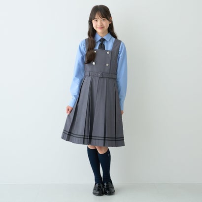 フロントのダブルボタンがアクセントになったジャンパースカートです。すっきりとした身頃で落ち着いたデザイン。ウエストにはベルトがついており、程よくメリハリのあるシルエットに仕上がります。きれいに広がるプリーツと、裾の配色ラインがさりげないポイントです。きちんと感があり、通学からフォーマルなシーンまで対応できる一着です。右側にポケットつき。【透け感】透けない【生地の厚さ】普通【伸縮性】なし【裏地】あり【ポケット】あり【アジャスター】あり【製品寸法】S(140cm) 総丈:80.5 胸囲:73 ウエスト:67 スカート丈:51.5M(150cm) 総丈:86.5 胸囲:77 ウエスト:71 スカート丈:55L(160cm) 総丈:92.5 胸囲:81 ウエスト:75 スカート丈:58.5LL(165cm) 総丈:98.5 胸囲:85 ウエスト:79 スカート丈:62【素材】【ベージュ】表地：ポリエステル85％【ベージュ】表地：レーヨン15％裏地：ポリエステル100％【チャコール】表地：ポリエステル65％【チャコール】表地：レーヨン34％【チャコール】表地：ポリウレタン1％裏地：ポリエステル100％【モデル】チャコール：モデル身長：157cm 着用サイズ：L(160cm)S(140cm) : 【胸囲】73cm / 【ウエスト】67cm / 【総丈】51.5cmM(150cm) : 【胸囲】77cm / 【ウエスト】71cm / 【総丈】55cmL(160cm) : 【胸囲】85cm / 【ウエスト】79cm / 【総丈】62cmLL(165cm) : 【胸囲】85cm / 【ウエスト】79cm / 【総丈】62cm別カラーはこちら！ ベージュ