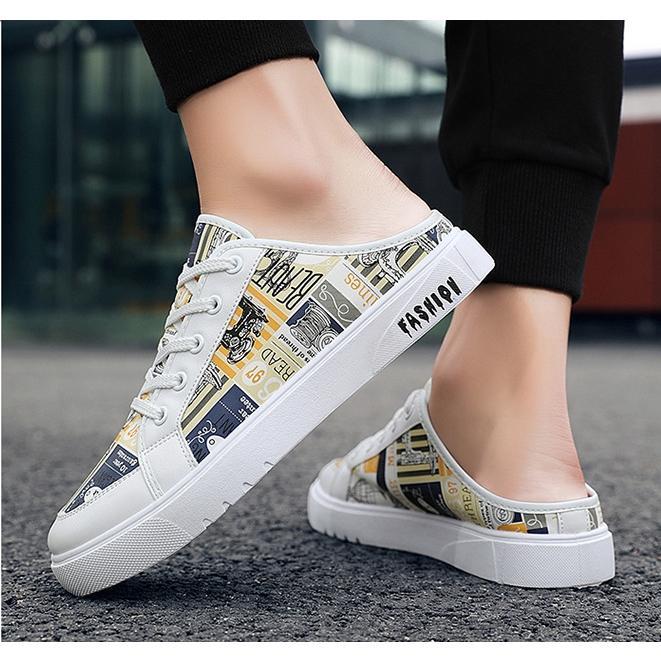 スニーカーサンダル メンズ かかとなし 春夏 おしゃれ 通気 カジュアルシューズ 軽量 ローカット プリント柄 ミュール キャンバス シューズ クロッグ 靴 3色