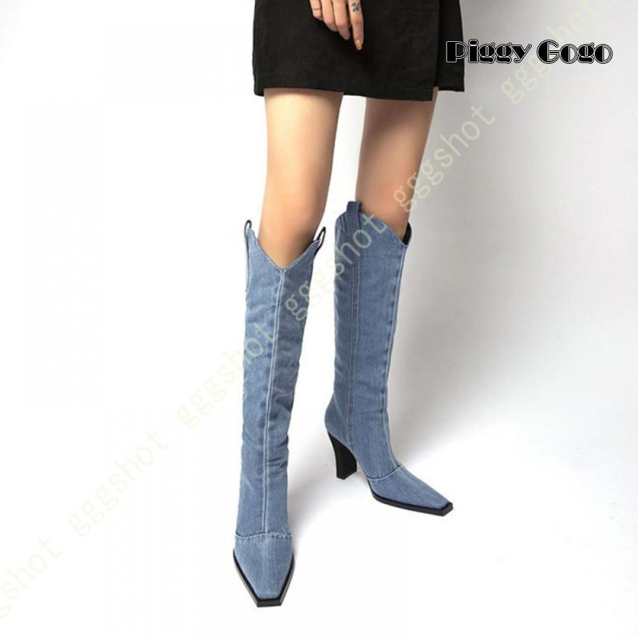 デニム ウェスタンブーツ レディース ヒール9センチ ブーツ 大きいサイズ ジョッキーブーツ ロングブーツ チャンキーヒール 歩きやすい 袴ブーツ ペタンコ