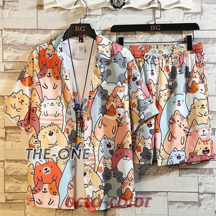 セットアップ メンズ 上下セット 夏 半袖シャツ ハーフパンツ 猫柄 総柄 カジュアル 大きいサイズ