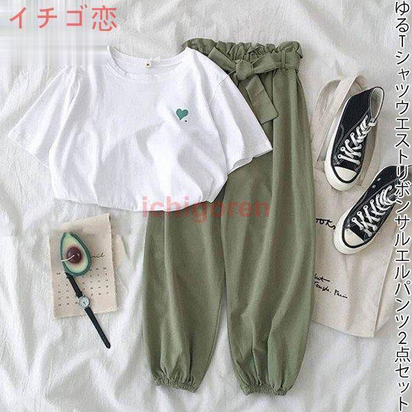 セットアップ 上下セット Tシャツ パンツ ウエストゴム リボン 部屋着 トップス ボトムス 2点セット(4)