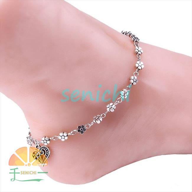 フラワー ハート シルバー アンクレット足首 ブレスレット チャーム 夏 サマー ジュエリー ミサンガ プ..