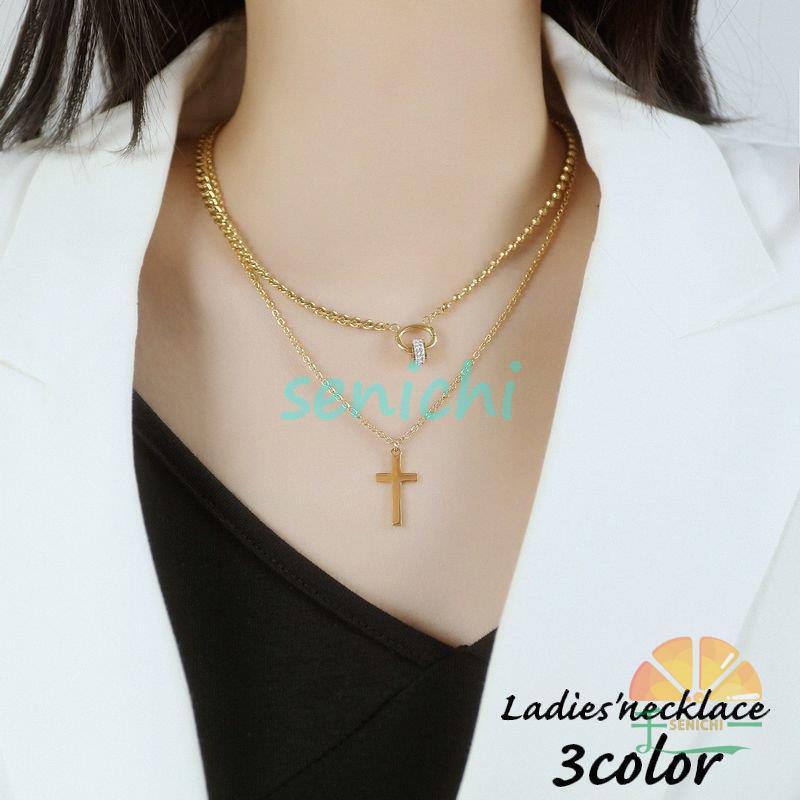 ネックレス レディース 女性用 アクセサリー 首飾り 2連 クロス 十字架 リング ラインストーン キラキラ 存在感 おしゃれ 可愛い おでかけ 普段