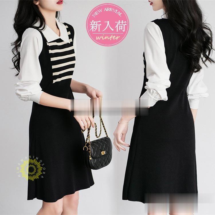 ニットワンピース レディース 40代 秋冬 きれいめ 黒 膝丈ワンピース 長袖 切り替え ニット 結婚式ドレス 通勤 着痩せ オシャレ