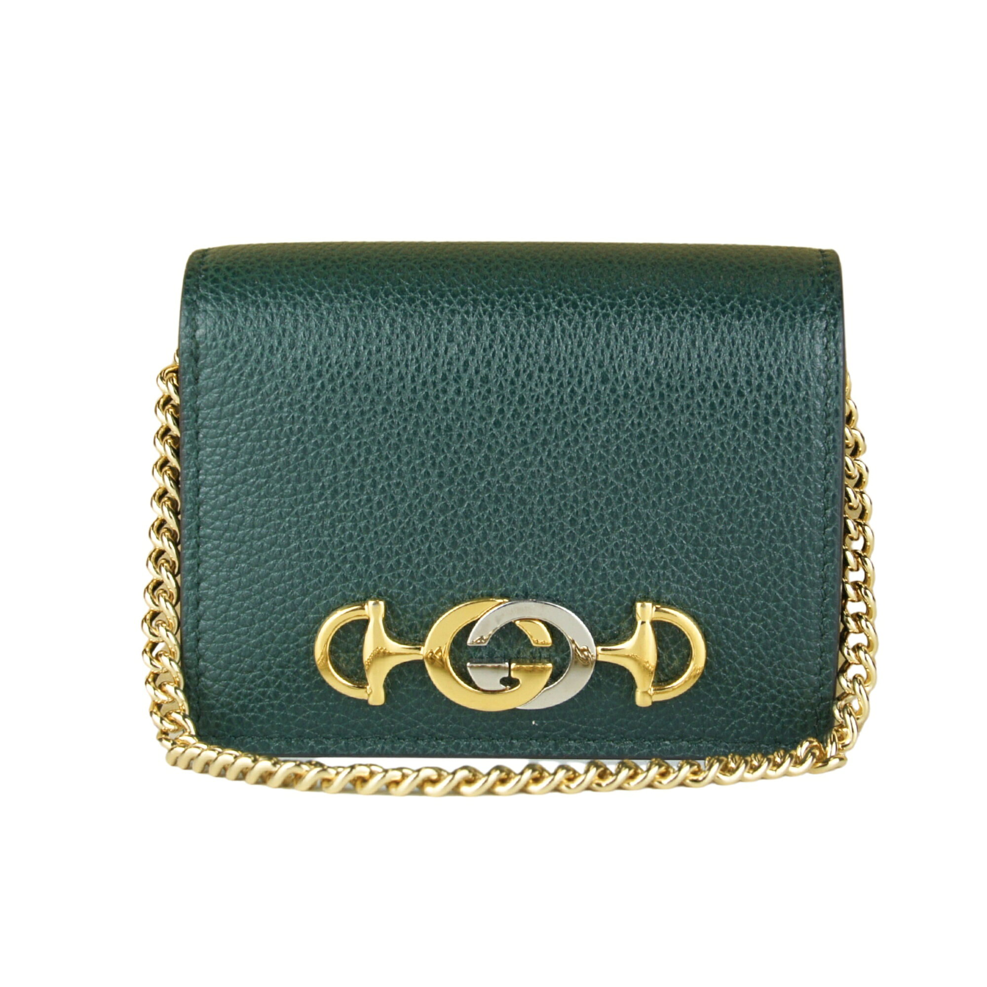 乐天商城 - GUCCI グッチ 570660 ズゥミ チェーンウォレット 二つ折り財布 コンパクト財布 グリーン レザー I字ファスナー レディース メタル ダークグリーン ゴールド シルバー