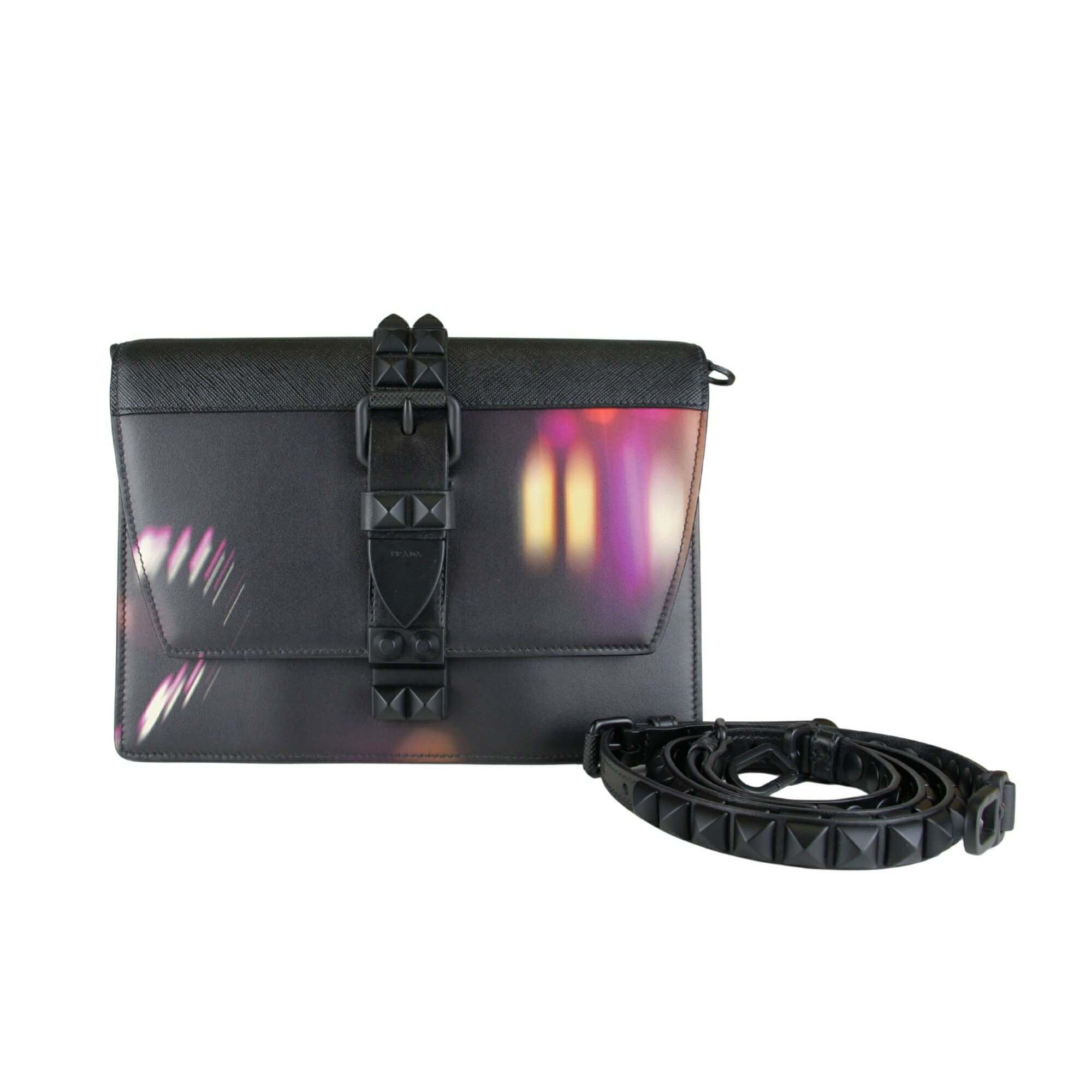 乐天商城 - 【希少】PRADA プラダ エレクトラ ELEKTRA スタッズ ショルダーバッグ ポシェット 斜め掛け 2WAY クラッチバッグ レザー NERO FUXIA ブラック ピンク