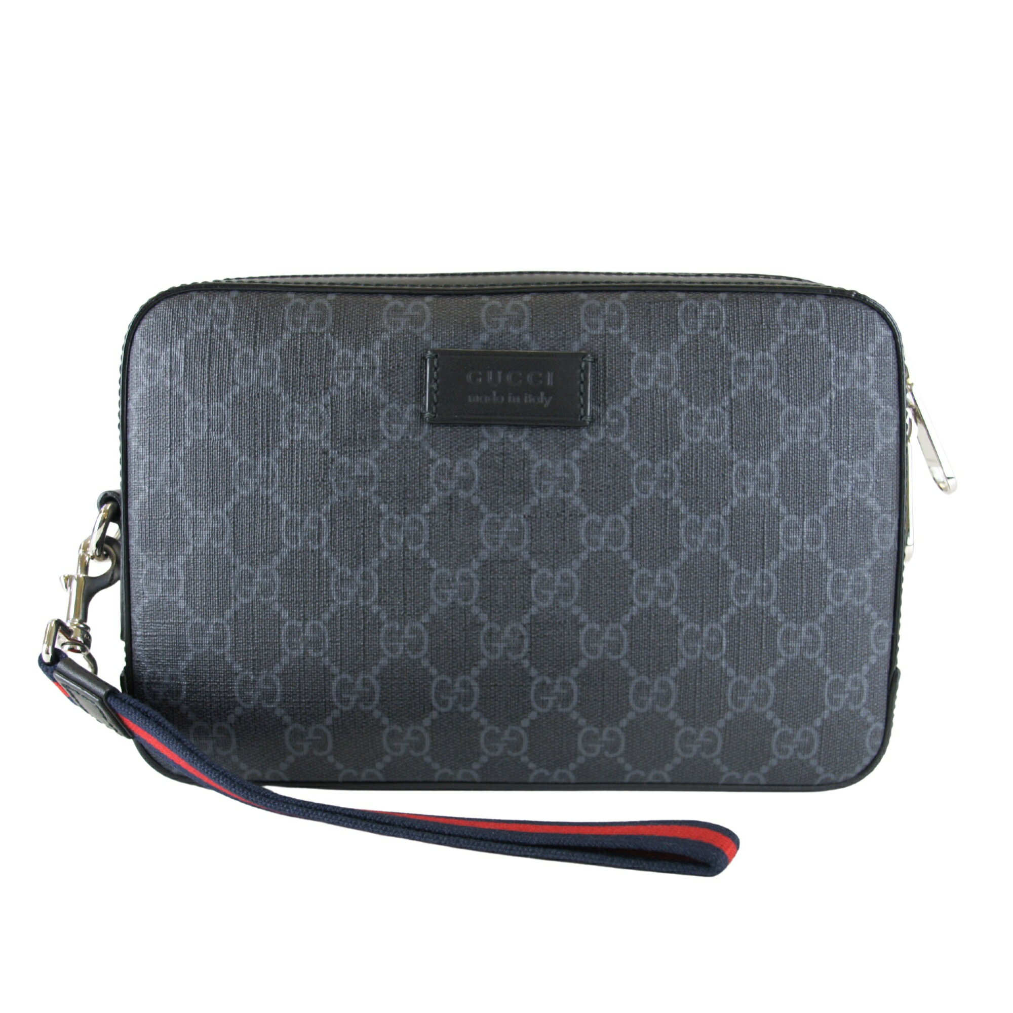 GUCCI グッチ クラッチバッグ セカンドバッグ ストラップ付き セカンドポーチ エンボスロゴ ブラック×ダークグレー GGスプリーム 495562 キャンバス レザートリム スリムポーチ クラッチバッグ 取外し可能 レザーリストウェブストラップ シェリー