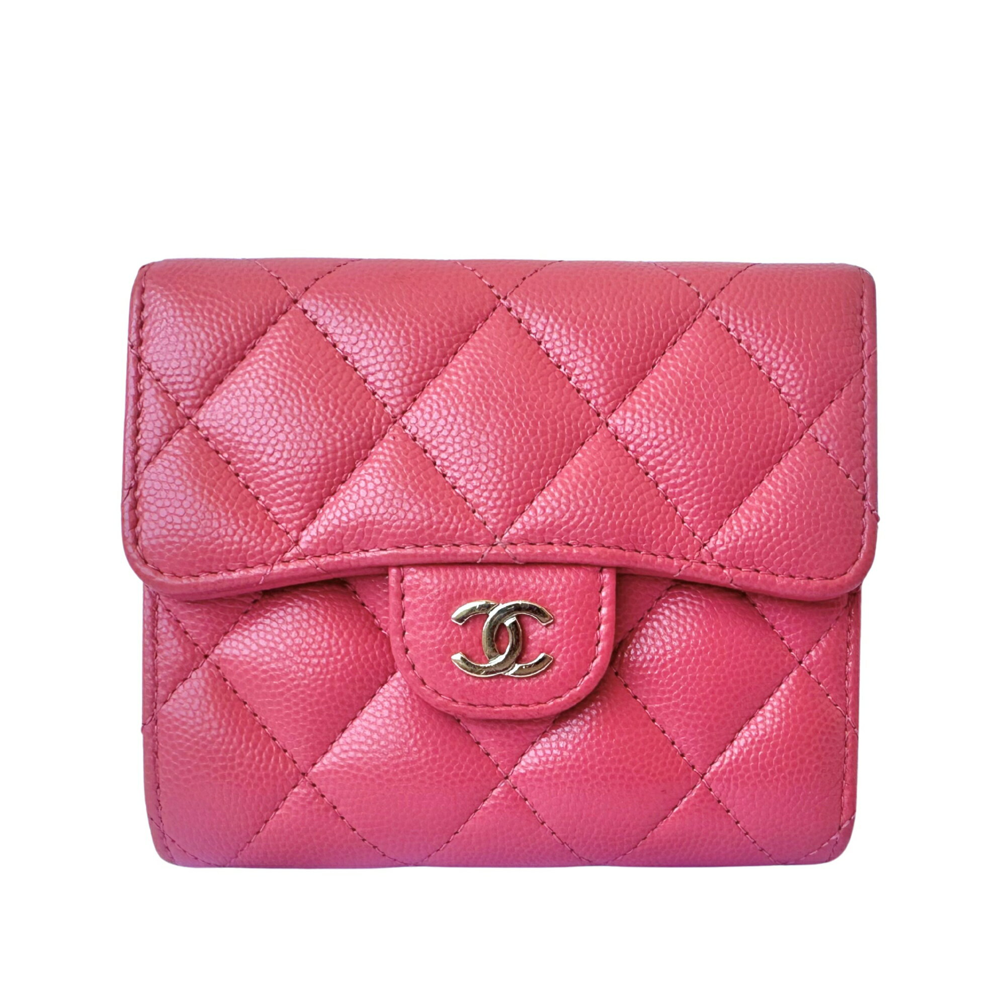 乐天商城 - 【中古】CHANEL シャネル クラシックスモールフラップウォレット 三つ折り財布 マトラッセ ココマーク コンパクト財布 ミニ財布 レディース スナップ開閉 ピンク×シャンパンゴールド金具 キャビアスキン