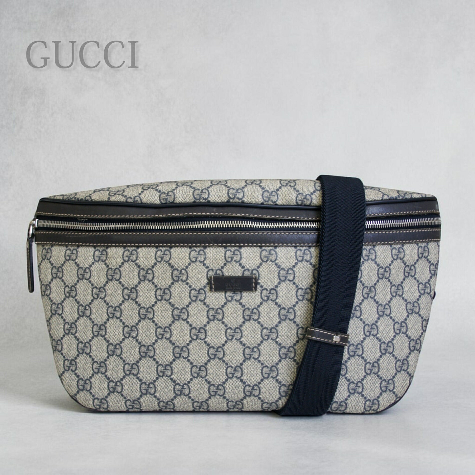 GUCCI - 【中古】 GUCCI グッチ GGスプリーム ボディバッグ ウエストバッグ メンズ レディース 斜め掛け クロスボディ 人気 定番 ベージュ ネイビー 紺 ミディアム 211110 大容量 軽量 レザー ストリート ユニセックス 保存袋付き