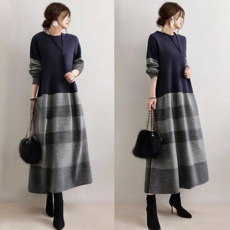 ワンピース レディース 長袖 丸首 ストライプ コントラストカラー 春 普段使い 綿 軽量 伸縮性
